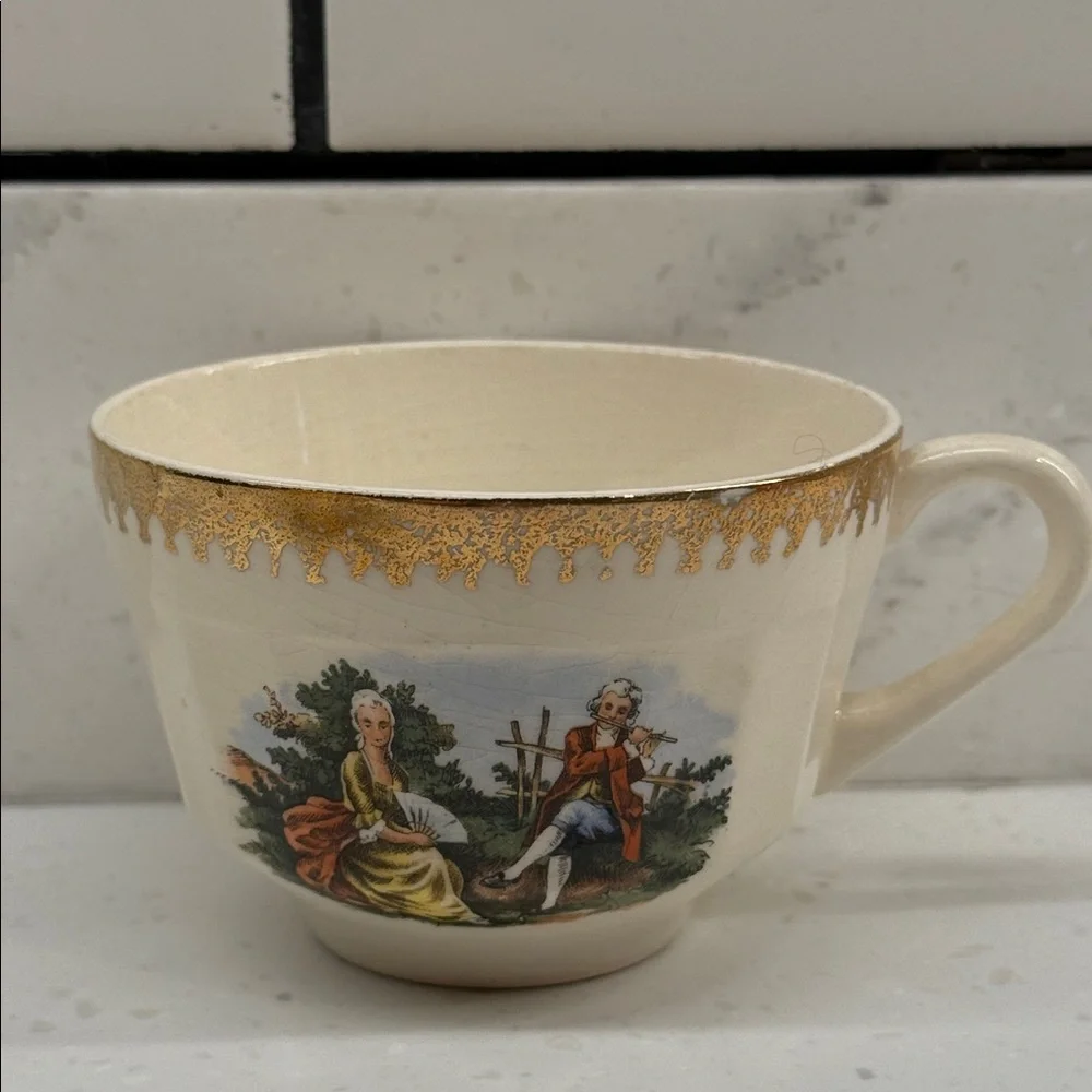 Cronin China Colonial Courting Couple Teacups w/ Gold Trim (Set of 2) [A]